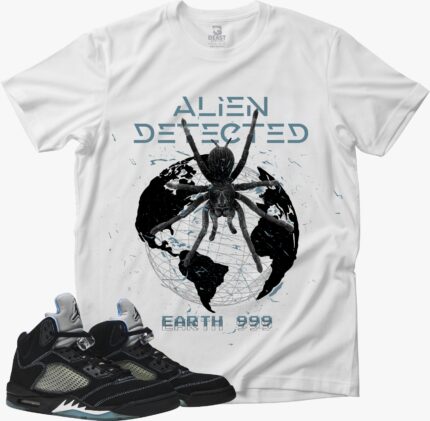 Air Jordan 5 Black University Blue matching shoe t-shirt in white